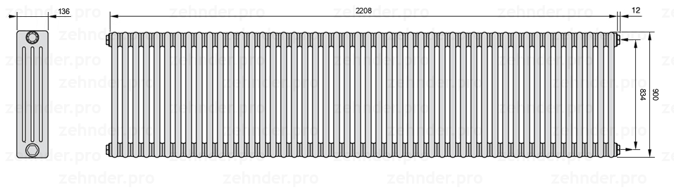 Схема (чертеж) Радиатор Zehnder Charleston 4090/48 №7610 Белый глянцевый RAL 9016